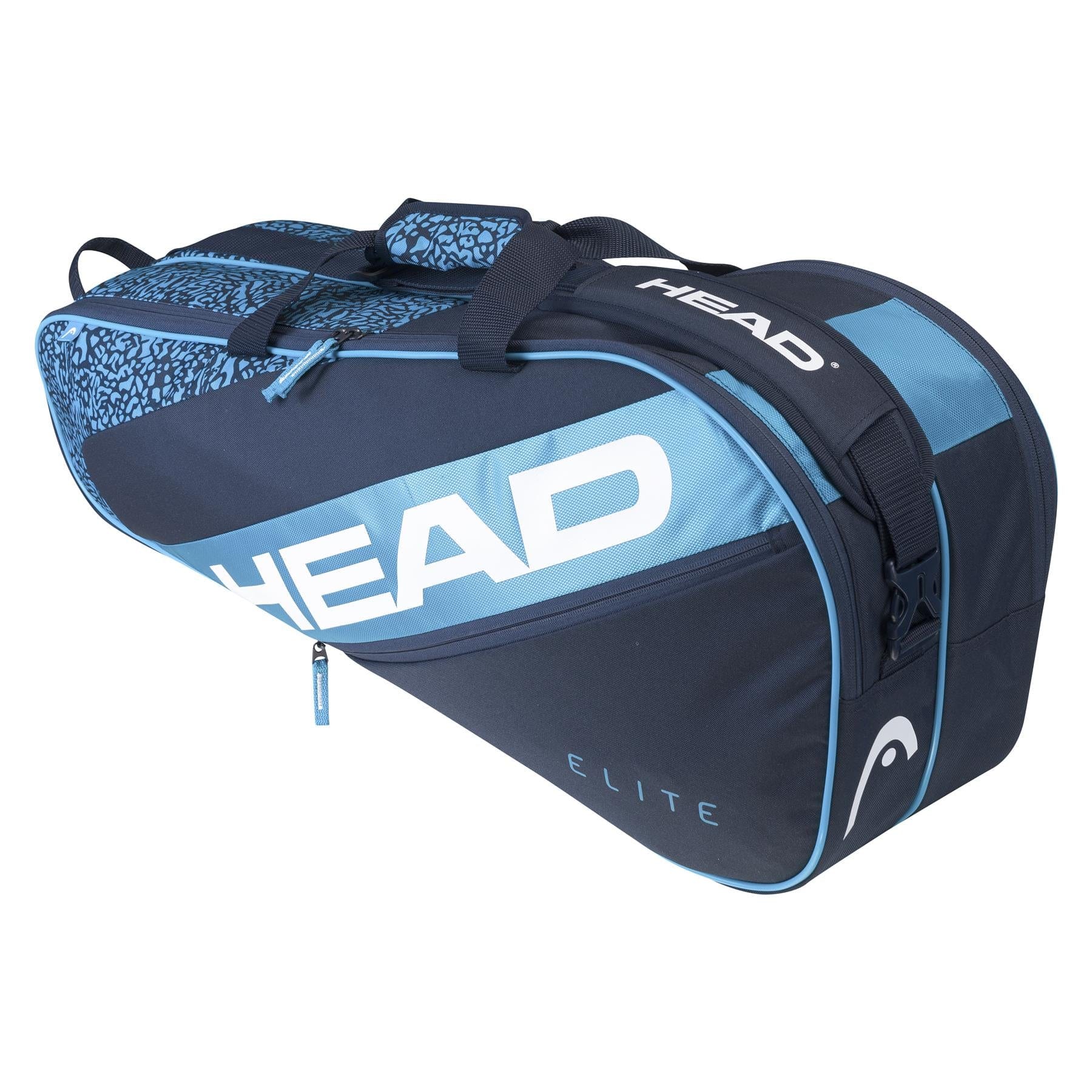 The HEAD Elite 6R Combi 6 Racket Bag in Blue and Navy displays the brand's name "HEAD" prominently in bold white letters. It features several compartments along with blue accents and a stylish fabric pattern. The word "ELITE" is also displayed alongside the brand's logo, making it ideal for carrying tennis accessories.