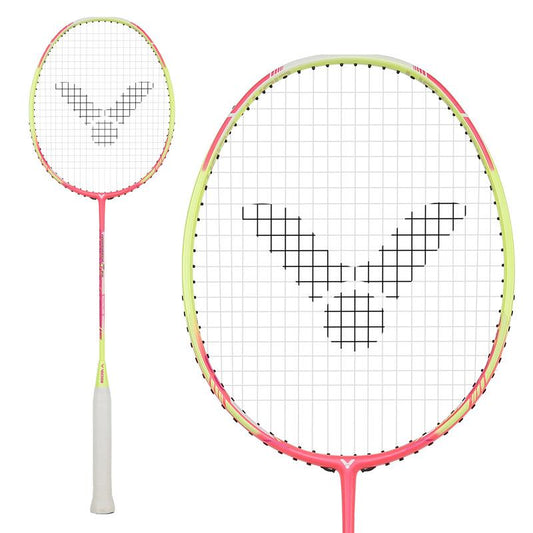 The Victor Thruster K66 Badminton Racket - Deep Pink by Victor is a lightweight racket featuring a vibrant deep pink and lime green frame. Ideal for intermediate players, the strings create a pattern that resembles a stylized shuttlecock, and it comes with a comfortable white grip.