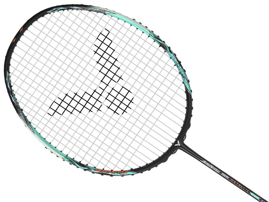 A close-up of the Victor Auraspeed 90K Metallic 4U badminton racket from Victor highlights its black frame paired with a light blue and black handle for superb shock absorption. The meticulously arranged strings form a precise grid, while the center of the string bed features a black logo set against a white background.