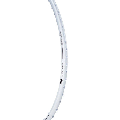 Close-up of a Li-Ning Turbo Charging Marshal 4U badminton racket frame in white. The frame showcases small, evenly spaced grooves with the text "ISO LIGHT 77." The image highlights the sleek profile, emphasizing its design for enhanced power and control.