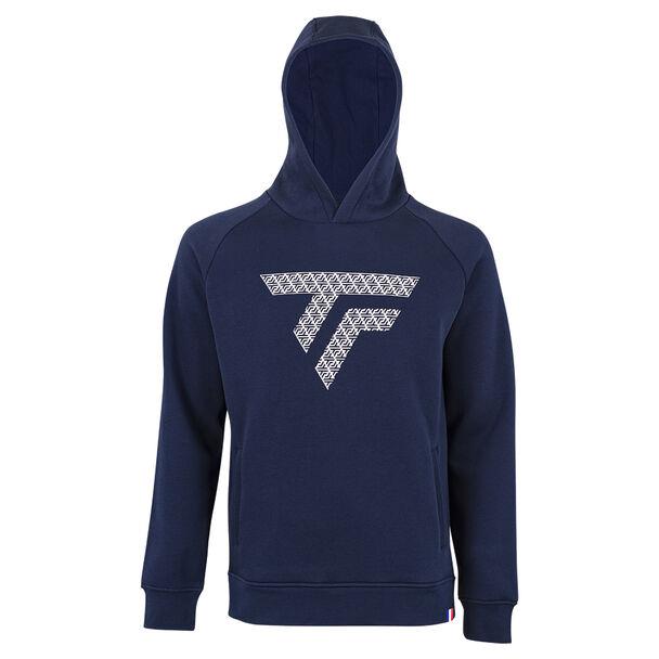 The Tecnifibre Fleece Unisex Badminton Hoodie - Marine by Tecnifibre showcases a geometric graphic design with intersecting lines forming a stylized letter "T" on the chest. This navy blue hoodie includes a front pocket, an adjustable drawstring hood, and provides cozy fleece comfort for all casual occasions.