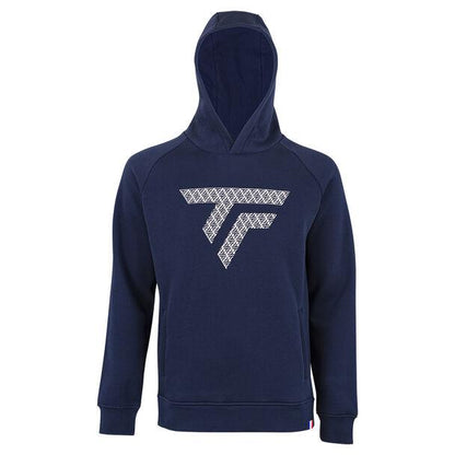 The Tecnifibre Fleece Unisex Badminton Hoodie - Marine by Tecnifibre showcases a geometric graphic design with intersecting lines forming a stylized letter "T" on the chest. This navy blue hoodie includes a front pocket, an adjustable drawstring hood, and provides cozy fleece comfort for all casual occasions.