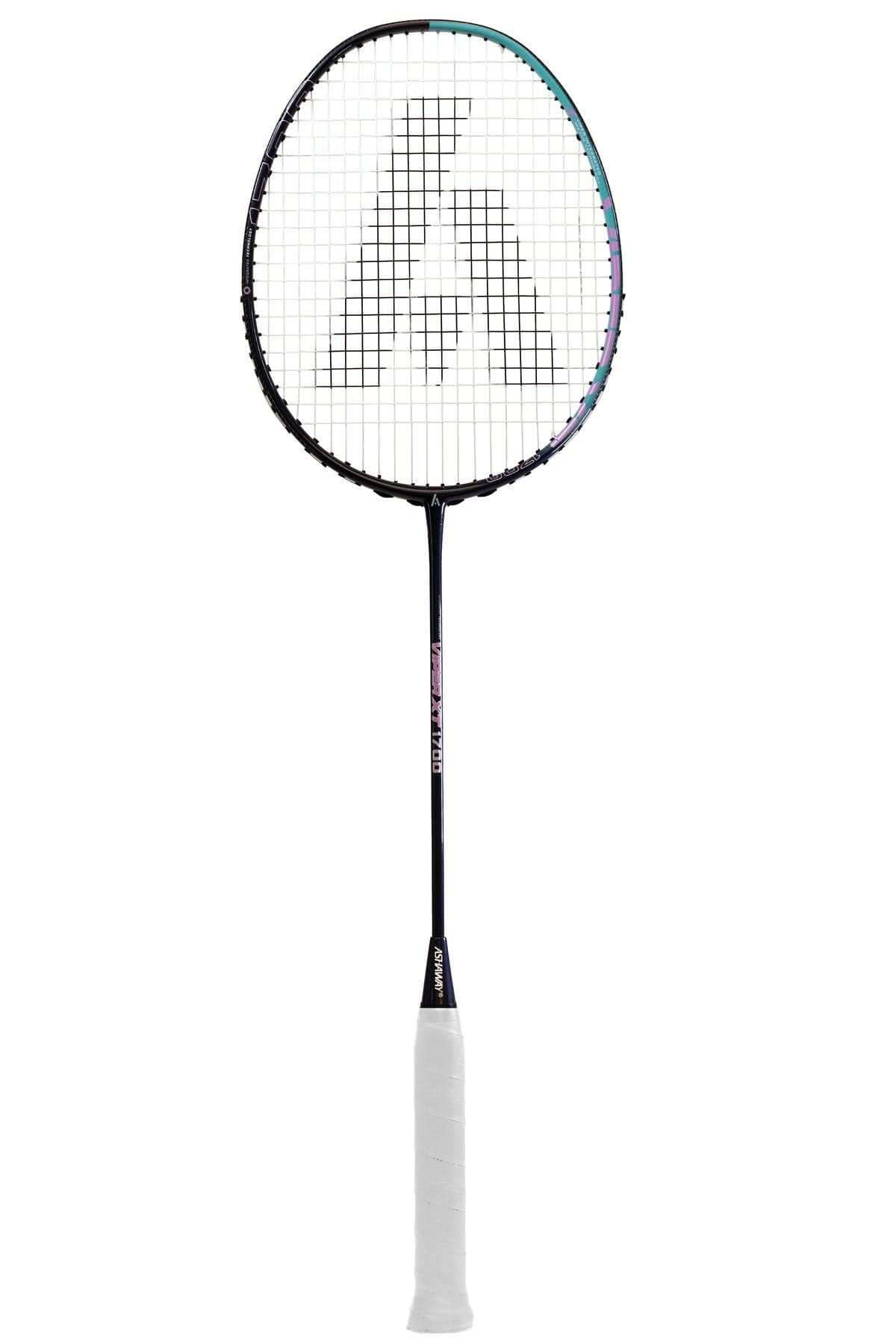 The Ashaway Viper XT 1700 badminton racket features a stylish blue and purple frame, with strings that prominently display the logo. Enhanced with X-Treme Tension Frame and Viper Weave technology from Ashaway, it offers superior strength. A white grip finishes the design against a plain white background.