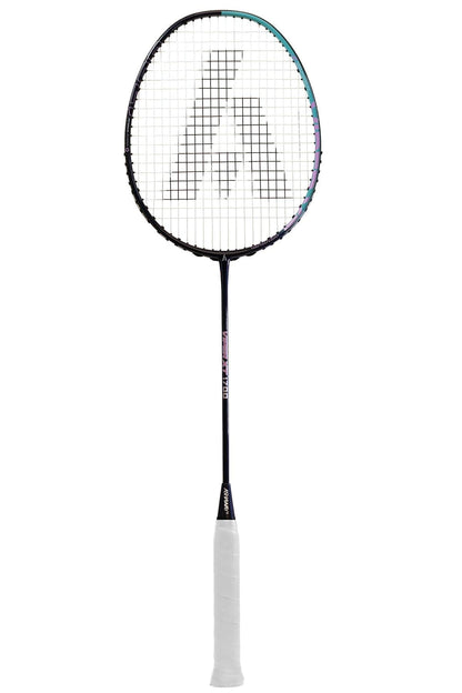 The Ashaway Viper XT 1700 badminton racket features a stylish blue and purple frame, with strings that prominently display the logo. Enhanced with X-Treme Tension Frame and Viper Weave technology from Ashaway, it offers superior strength. A white grip finishes the design against a plain white background.