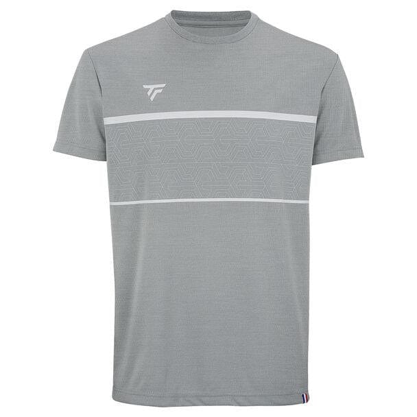 Introducing the Tecnifibre Men's Team Tech Badminton T-Shirt in Silver, a stylish short-sleeve creation made from a soft polyester knit fabric enhanced with a unique cotton touch treatment. This shirt features a subtle geometric design on the chest, complemented by thin horizontal white stripes and a small logo on the upper left side.