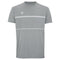 Introducing the Tecnifibre Men's Team Tech Badminton T-Shirt in Silver, a stylish short-sleeve creation made from a soft polyester knit fabric enhanced with a unique cotton touch treatment. This shirt features a subtle geometric design on the chest, complemented by thin horizontal white stripes and a small logo on the upper left side.