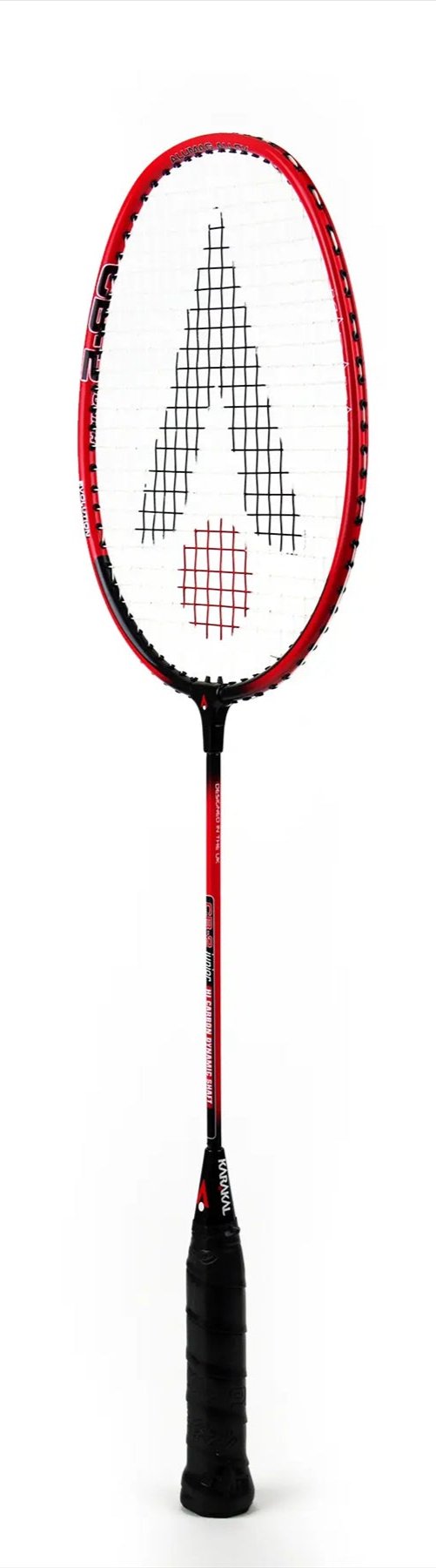 The Karakal CB-2 2.1 Junior Badminton Racket showcases a stylish black and red design with an isometric head, featuring a distinct triangular white string pattern. It is equipped with a comfortable black grip handle, while its sleek aluminum head construction stands out against the plain white background.