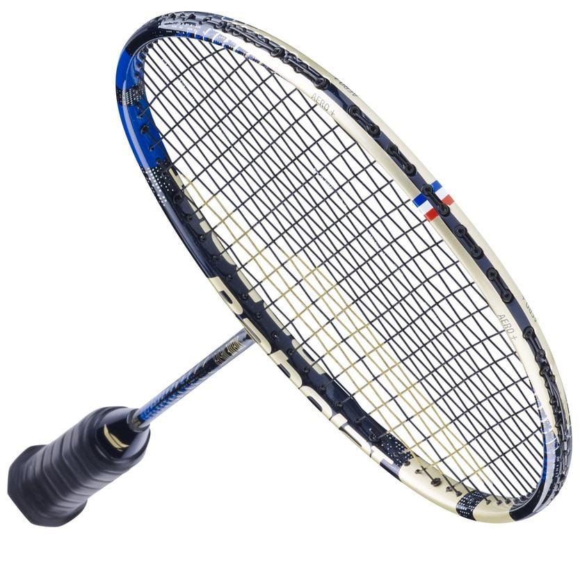 The Babolat Satelite Master Badminton Racket by Babolat, in navy blue, features a stylish handle with blue accents and a white frame. Its tightly woven strings enhance aerodynamics and are elegantly displayed as the racket rests at an angle against a plain white background.