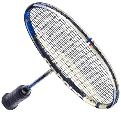 The Babolat Satelite Master Badminton Racket by Babolat, in navy blue, features a stylish handle with blue accents and a white frame. Its tightly woven strings enhance aerodynamics and are elegantly displayed as the racket rests at an angle against a plain white background.