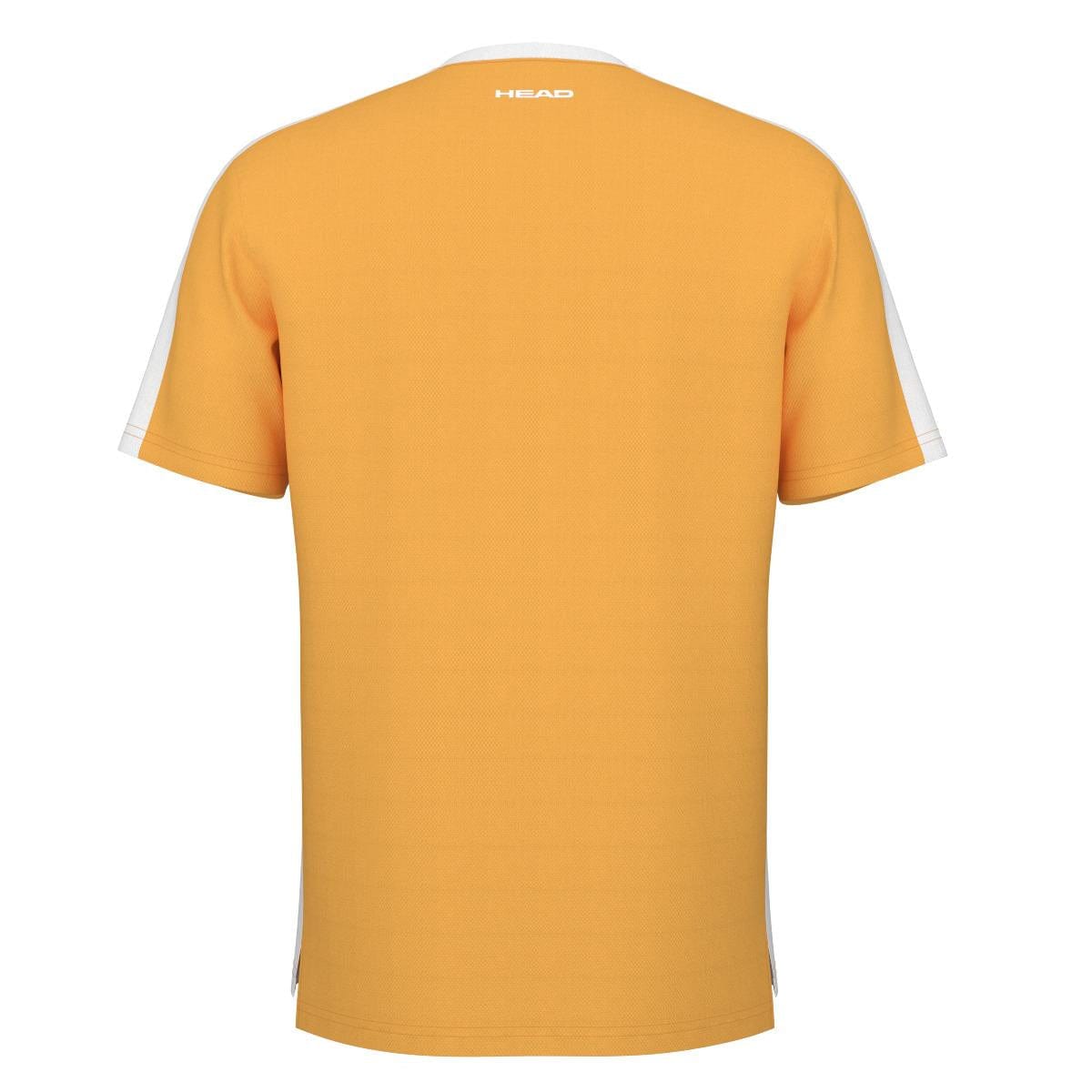 Back view of the HEAD Vision Slice Men's Badminton T-Shirt in banana yellow with white side panels, featuring sportswear technology. A small logo is centered near the neckline, and the fabric boasts Moisture Transfer Microfiber for optimal comfort during workouts.