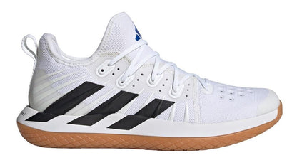 The ADIDAS Stabil Next Gen Primeblue Men's Badminton Shoes in Cloud White and Core Black are designed with a BOOST-enhanced knitted upper featuring perforations, a loop at the heel, and a patterned midsole. With their distinctive gum sole and signature stripes, these versatile shoes are perfect for both sport and casual wear as Indoor Court Badminton Shoes by adidas.