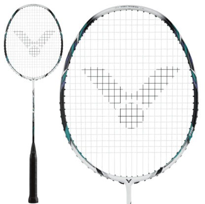 The Victor Thruster 220H II badminton racket, in a striking White Smoke design, features a unique logo pattern on the string bed. Its Powerbox frame not only enhances its contemporary aesthetic but also boosts performance, complemented by a stylish black handle.