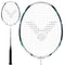 The Victor Thruster 220H II badminton racket, in a striking White Smoke design, features a unique logo pattern on the string bed. Its Powerbox frame not only enhances its contemporary aesthetic but also boosts performance, complemented by a stylish black handle.