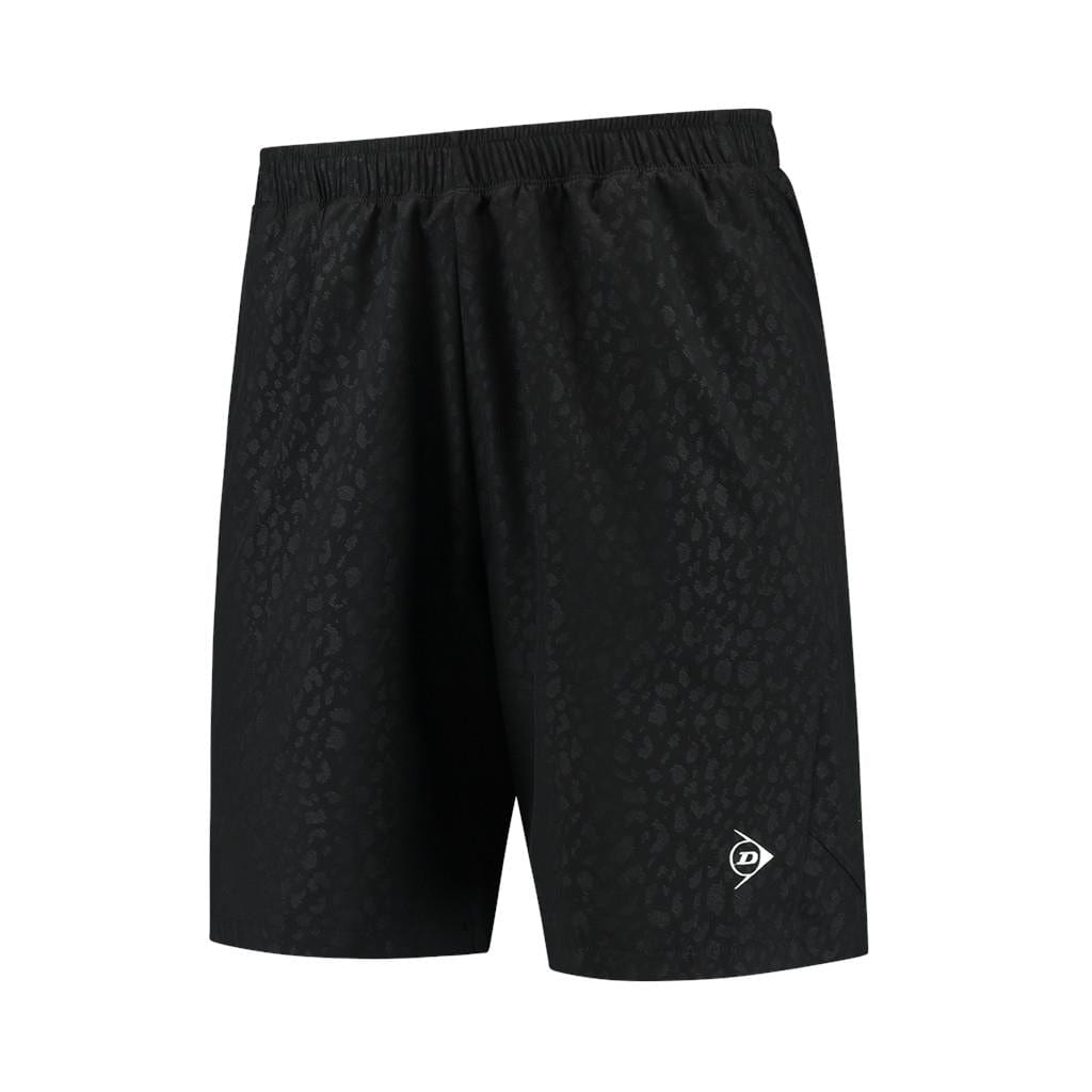 Dunlop Performance Game Men's Shorts in black feature a subtle leopard print and an elastic waistband. Designed by Dunlop, these lightweight shorts come with moisture-absorbing fabric and a small logo on one leg.