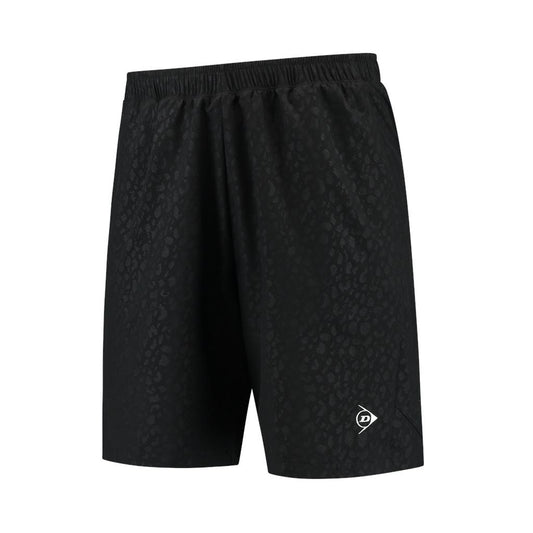 Dunlop Performance Game Men's Shorts in black feature a subtle leopard print and an elastic waistband. Designed by Dunlop, these lightweight shorts come with moisture-absorbing fabric and a small logo on one leg.