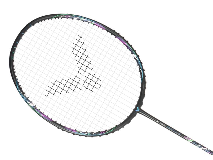 The Victor Drive X Metallic C 4U badminton racket features a sleek black frame with colorful purple, teal, and white accents. A dynamic-hex design complements its metallic carbon fiber blend and intricate string pattern, with a partially visible handle.