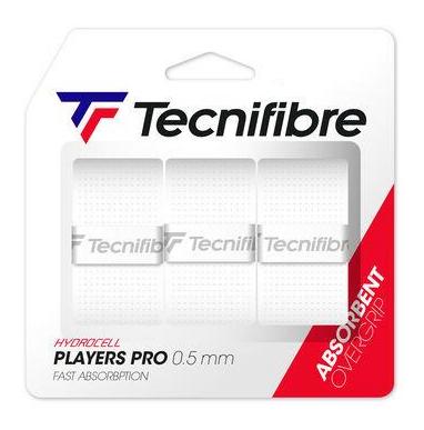 The Tecnifibre Players Pro Badminton Overgrip - 3 Pack in white offers three durable badminton overgrips, each measuring 0.5 mm in thickness. Designed for players who value "Hydrocell" technology and quick absorption, these grips prominently display the Tecnifibre logo for outstanding on-court performance.