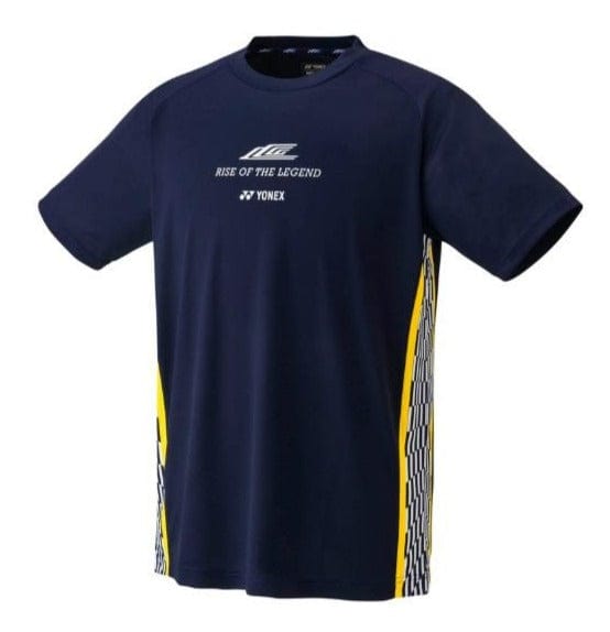 The Yonex 16738EX Lee Chong Wei LCW Badminton T-Shirt in Navy Blue includes yellow and white geometric side patterns. The front showcases "Rise of the Legend" along with the Yonex logo, both in white, celebrating Lee Chong Wei's achievements. This T-shirt is designed with advanced technologies to enhance athletic performance.