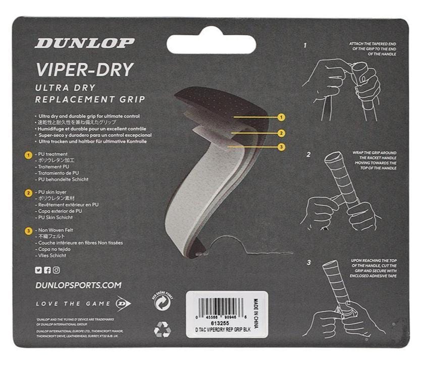 The image displays the packaging for the Dunlop Viper-Dry Replacement Badminton Grip in Black, renowned for its exceptional durability and sweat absorption. The package includes instructions and product details, along with images demonstrating how to attach the grip. A barcode and manufacturer information are also present.