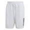 The adidas Club 3 Stripe 7" Men's Badminton Shorts in white feature an elastic waistband and three black vertical stripes on the right side. Incorporating AEROREADY technology, these lightweight shorts are ideal for badminton or casual wear, and they are showcased against a plain white background.