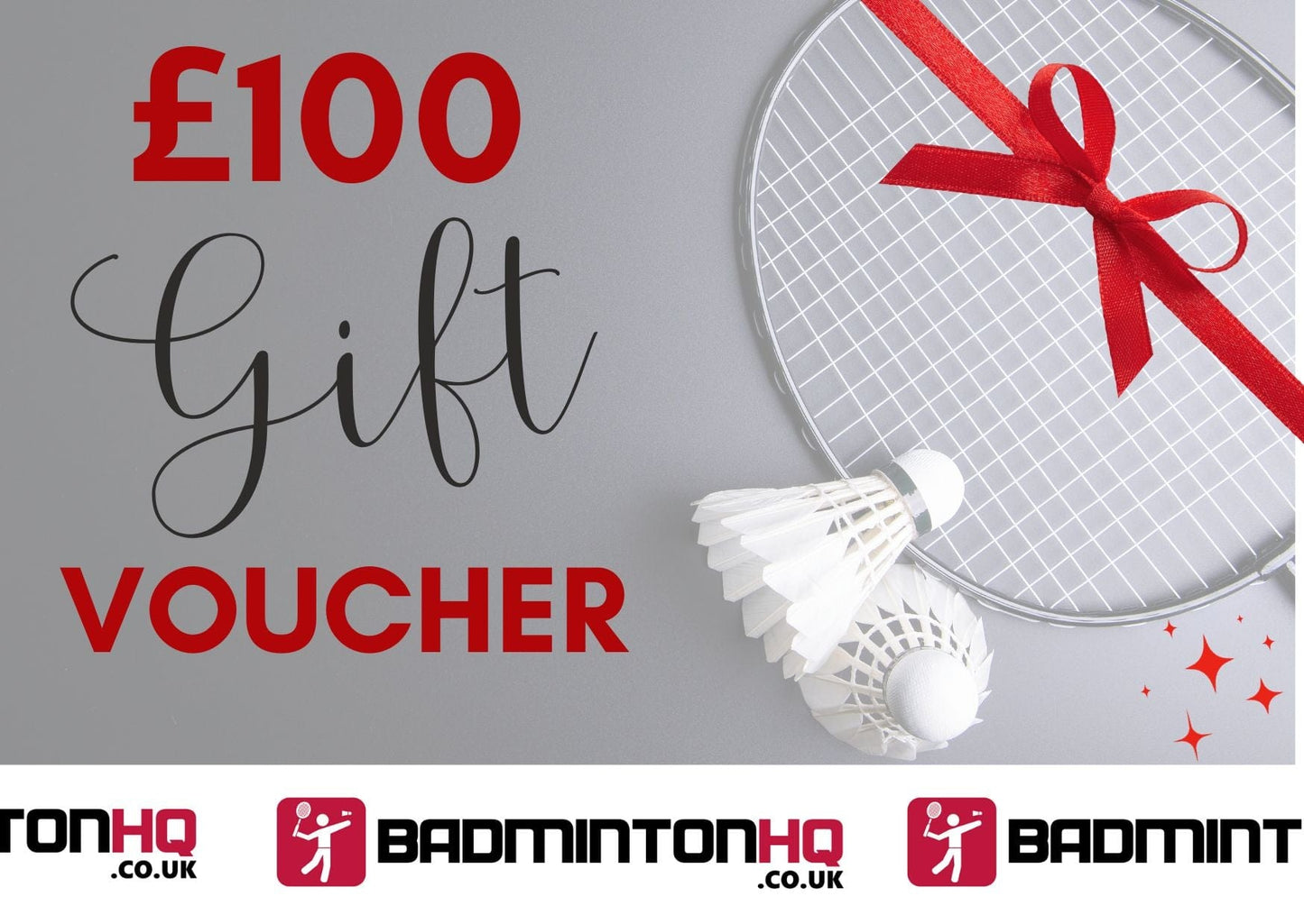 The Badminton HQ Gift Card, available in amounts ranging from £50 to £500, is ideal for badminton enthusiasts. It features a stunning image of a badminton racket with a red ribbon and two shuttlecocks set against a gray background. Vibrant red and black text enhances the sleek BadmintonHQ.co.uk logo at the bottom. This stylish digital item is perfect for fans everywhere.