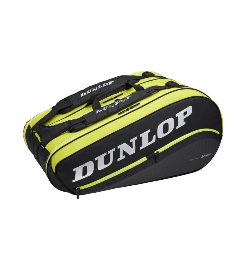 The Dunlop SX-Performance 12 Racket Thermo Bag in black and yellow offers thermo insulation and ergonomic shoulder straps for added comfort. It includes multiple zippered compartments to keep your gear organized, while the brand name "Dunlop" prominently appears in white on the side.