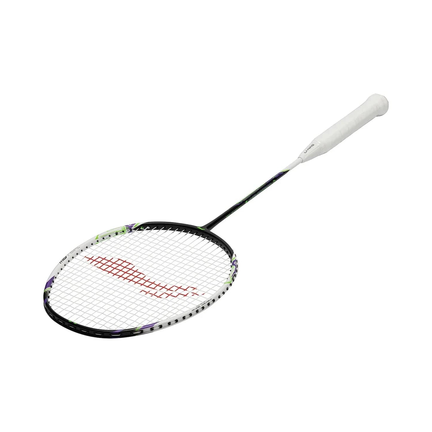 A Li-Ning Halbertec Motor 4U Badminton Racket - White, featuring a white grip handle and a stringed head with a bold red logo, is angled slightly to highlight its slim, lightweight design for peak badminton performance.