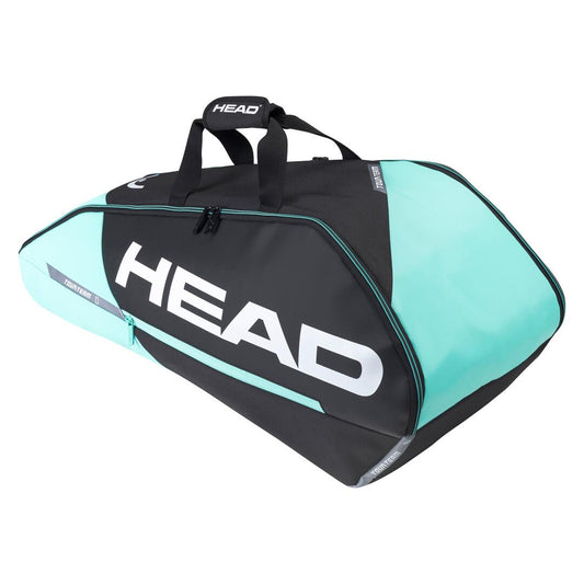 This stylish and contemporary HEAD Tour Team 6R Combi 6 Racket Badminton Bag in black and mint incorporates CCT+ climate control technology. A spacious zipper and a handy carrying handle provide added convenience, while the bold white "HEAD" logo enhances its sleek appearance.