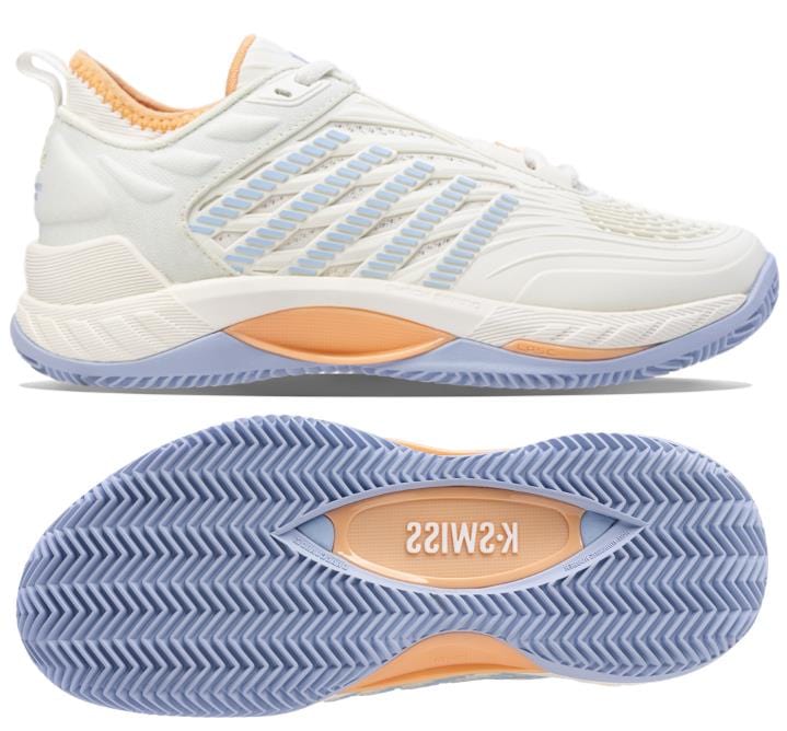 Introducing the K-Swiss Hypercourt Supreme 2 HB Women's Badminton Shoes in Star White/Heather. These sneakers feature light blue and orange accents, with the top view highlighting a textured upper design. The bottom view showcases a wavy sole embossed with "K-Swiss" in white on the tread, enhanced by Durawrap X technology for added durability.