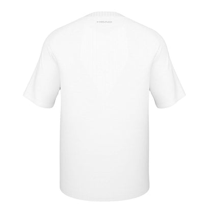 Back view of a plain white HEAD Performance Men's Badminton T-Shirt with "HEAD" printed near the collar. The design is simple and minimalistic, featuring Moisture Transfer Microfibre for enhanced breathability, highlighting the shirt's basic structure and clean appearance.