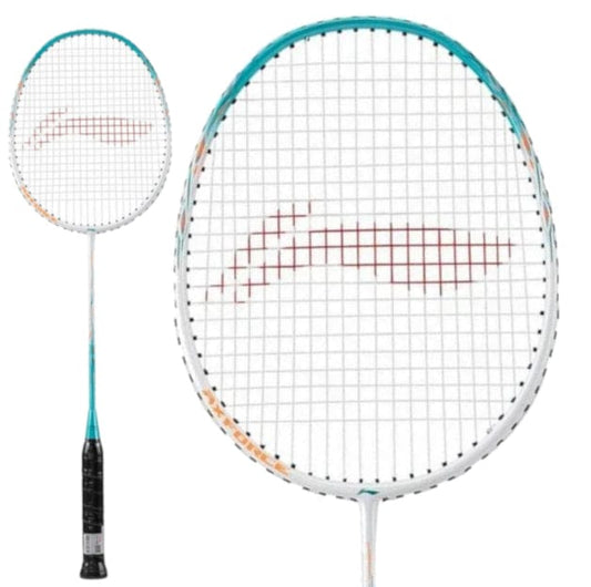 The Li-Ning Axforce 9 3U Badminton Racket - Kingfisher Green, a head-heavy racket, showcases a white frame with striking blue accents and features a black grip. Its unique string pattern is displayed both in full length and via a close-up of the head, all against a clean white backdrop.