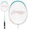 The Li-Ning Axforce 9 3U Badminton Racket - Kingfisher Green, a head-heavy racket, showcases a white frame with striking blue accents and features a black grip. Its unique string pattern is displayed both in full length and via a close-up of the head, all against a clean white backdrop.