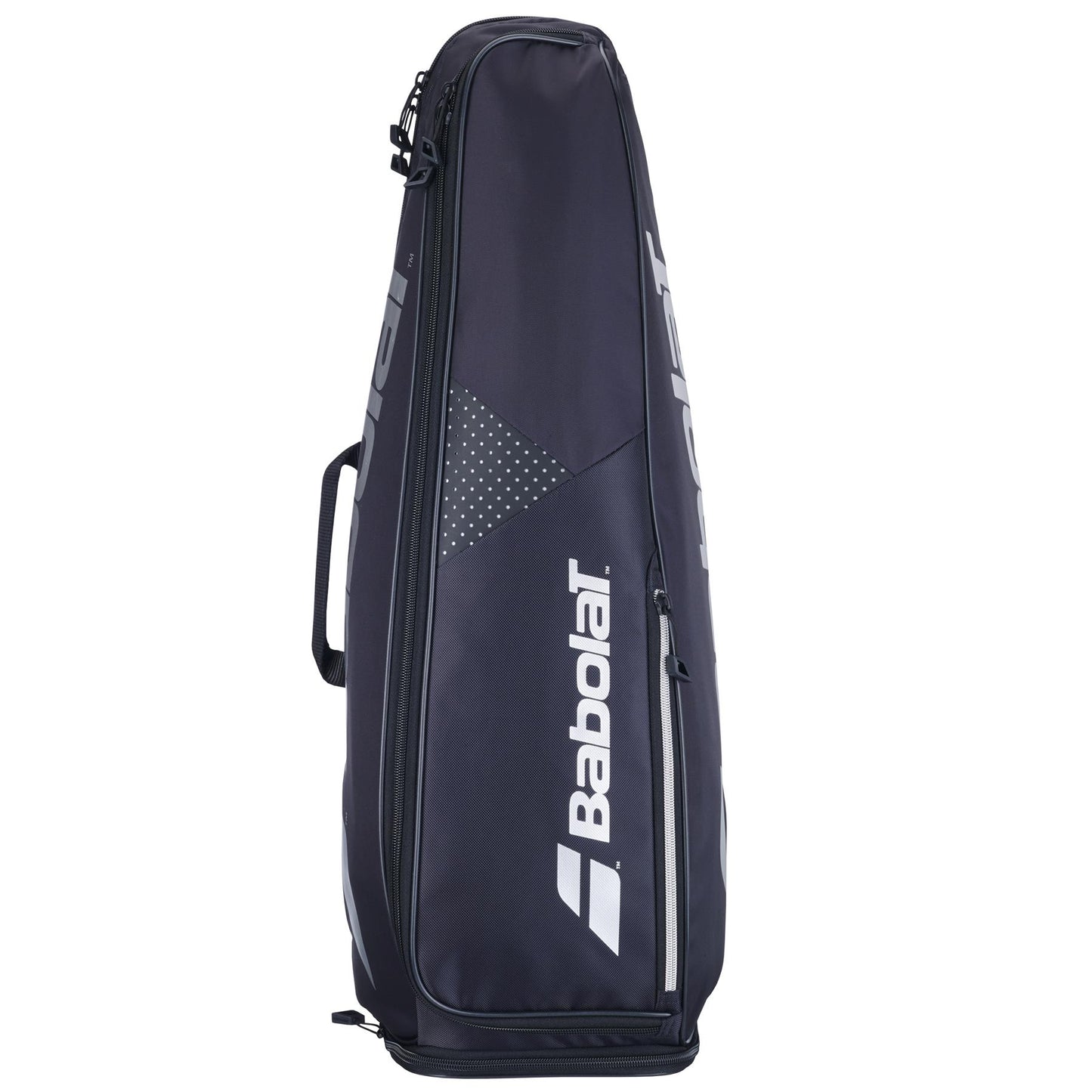 A black, vertical Babolat Backrack 3 Badminton Bag with a side zipper showcases the brand's logo in white. Made from recycled polyester, it features a handle on the opposite side and includes a small dotted design near the logo.