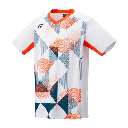 The Yonex 10576 Crew Neck Men's Badminton T-Shirt in white is a short-sleeved athletic top showcasing an eye-catching geometric pattern in orange, navy, and black. It features Air Release technology for optimal breathability and style, highlighted by orange accents on the collar and sleeves.