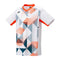 The Yonex 10576 Crew Neck Men's Badminton T-Shirt in white is a short-sleeved athletic top showcasing an eye-catching geometric pattern in orange, navy, and black. It features Air Release technology for optimal breathability and style, highlighted by orange accents on the collar and sleeves.