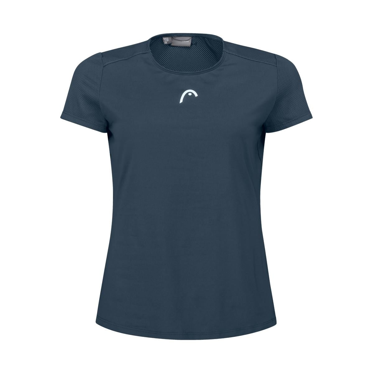 A navy blue women's badminton t-shirt with short sleeves, featuring a small white logo on the chest. Crafted by HEAD sportswear, the design is simple with a lightweight and breathable fabric, utilizing moisture transfer microfiber for optimal comfort during play.