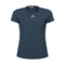 A navy blue women's badminton t-shirt with short sleeves, featuring a small white logo on the chest. Crafted by HEAD sportswear, the design is simple with a lightweight and breathable fabric, utilizing moisture transfer microfiber for optimal comfort during play.