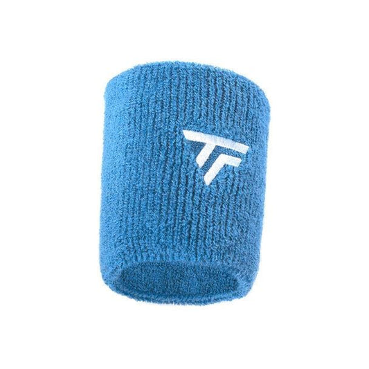 This highly absorbent azur cotton wristband showcases the bold "TF" logo, embodying the classic design of the Tecnifibre Wristband Sweatband XL, contrasted against a clean white backdrop.