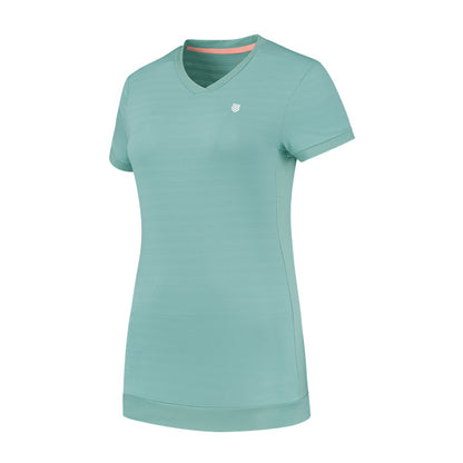 Introducing the K-Swiss Tac Hypercourt Women's V-Neck Badminton Top in Nile Blue, a short-sleeve athletic shirt showcasing a subtle texture and a discreet logo on the chest. Designed with a slim fit ideal for sports or casual outings, this top is part of K-Swiss's Tac Hypercourt collection and is presented against a white background.