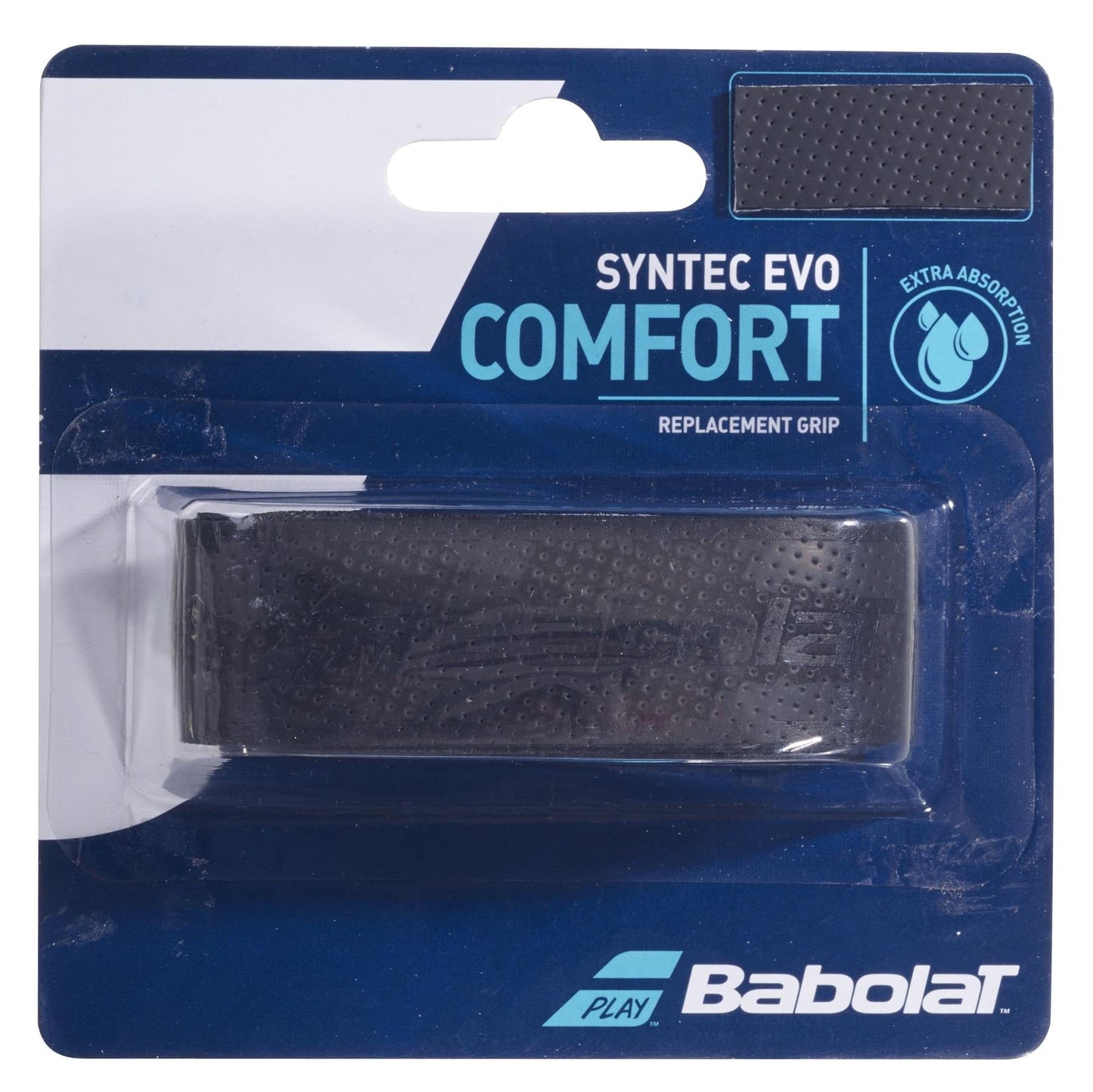 The Babolat Syntec Evo X1 Replacement Badminton Grip is packaged in a stylish blue with white text, emphasizing its "Moisture Absorption" feature. The grip itself is black and crafted to deliver outstanding comfort during gameplay.