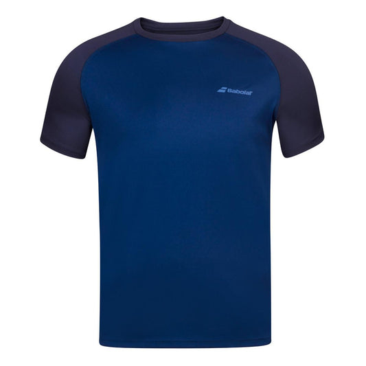 This Babolat Men's Play Crew Neck T-Shirt in Estate Blue features a design crafted from Fiber Dry-polyester for moisture control.