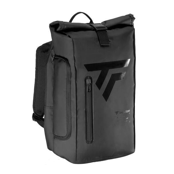 The Tecnifibre Tour Endurance 2024 Badminton Standbag - Ultra Black, perfect for racket sports, is a water-resistant bag with a roll-top closure and a striking geometric logo. Renowned for its durability, it includes a vertical zipper pocket on one side and adjustable shoulder straps.