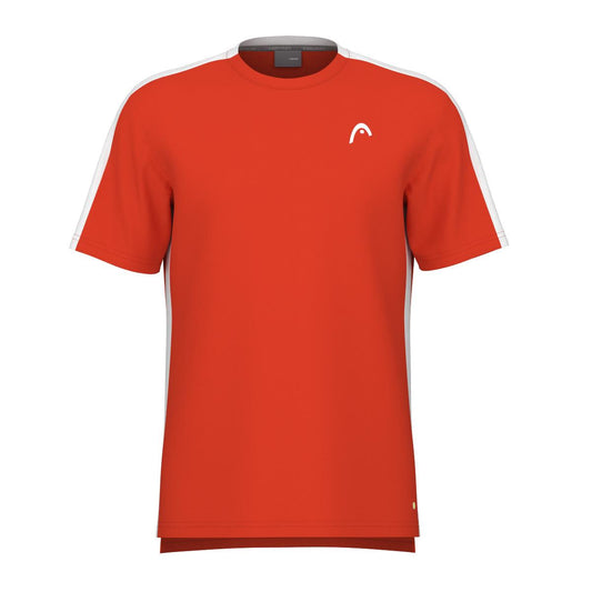 The HEAD Vision Slice Men's Badminton T-Shirt in Orange Alert is crafted from moisture transfer microfiber fabric, featuring a plain orange design with white stripes on the sleeves and a subtle white logo on the upper left chest.