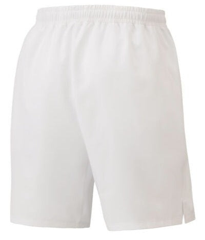 The Yonex 15131 Mens Shorts - White are showcased against a white backdrop. These shorts include an elastic waistband and feature Yonex's VERY COOL technology with UV reduction, making them lightweight and perfect for sports or casual wear.