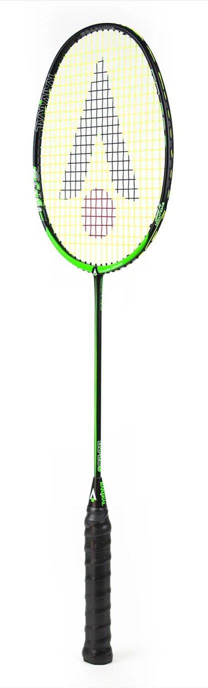 The Karakal BZ 20 2.1 Badminton Racket, crafted by Karakal, showcases an isometric head design and a vibrant black and green frame with a white grid pattern, highlighted by a triangle symbol on the strings. It includes a PU super grip handle for improved control.