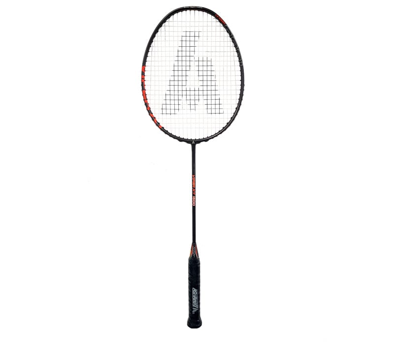 The Ashaway Viper XT 1600 Badminton Racket in black and orange features a mesh-patterned head with the iconic stylized "A" logo. Enhanced with Viper Weave technology, its handle is wrapped in a grip for added comfort. The racket is displayed against a plain white background.