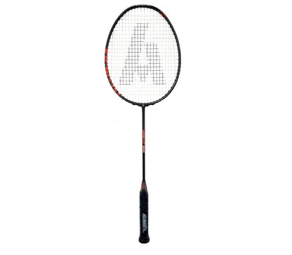 The Ashaway Viper XT 1600 Badminton Racket in black and orange features a mesh-patterned head with the iconic stylized "A" logo. Enhanced with Viper Weave technology, its handle is wrapped in a grip for added comfort. The racket is displayed against a plain white background.