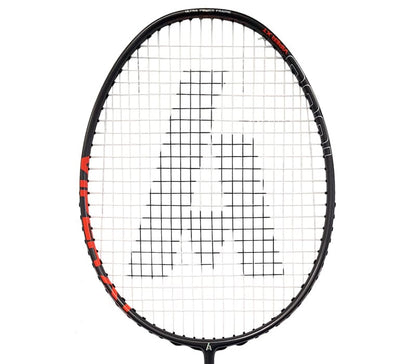 The Ashaway Viper XT 1600 Badminton Racket - Black Orange showcases a striking design with black and orange accents on the frame, complemented by white strings. The racket's standout feature is an "A" logo formed by the strings at its center, while its innovative X-Treme Tension Frame boosts performance against a straightforward white backdrop.