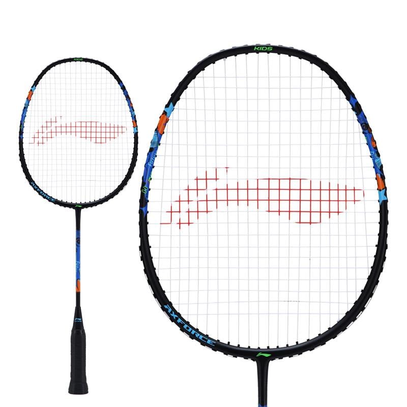 The Li-Ning Axforce Kids Badminton Racket - Black from Li-Ning showcases a black frame accented with vibrant colors and includes a bold red pattern on the strings. Displayed from two angles, it emphasizes its oval shape and grip design, making it ideal for beginners.