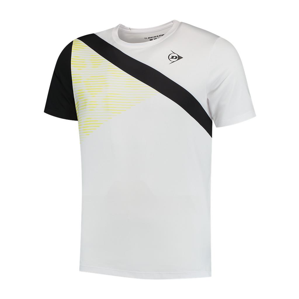 Explore the Dunlop Performance Game 3 Men's T-Shirt in white, crafted with moisture-absorbing materials. It features a diagonal black stripe across the chest and a yellow gradient pattern. This lightweight and stylish shirt includes a small logo on the right side near the collar for added flair.